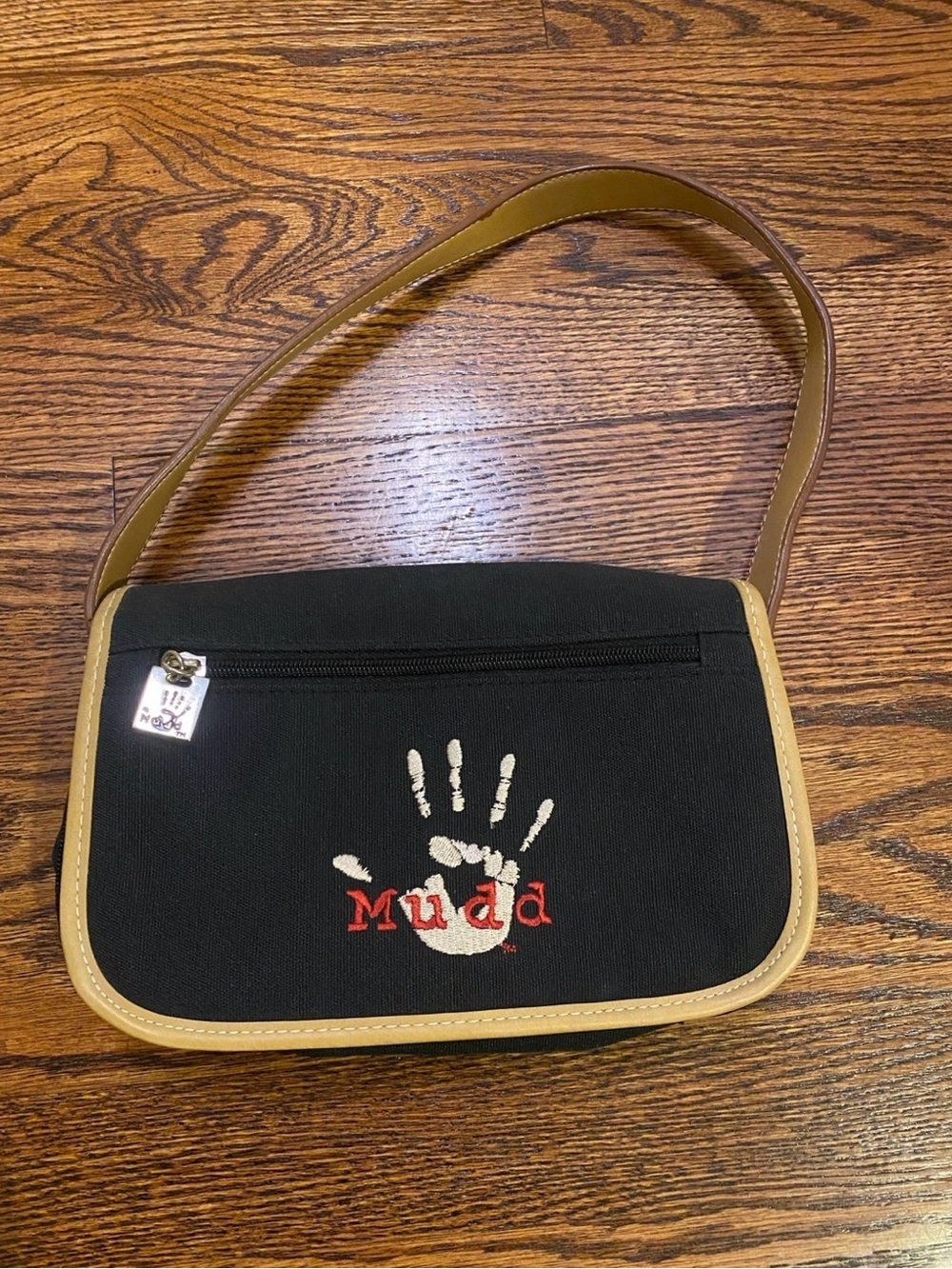 Vintage Mudd Black & Tan Shoulder Bag with Handprint Logo